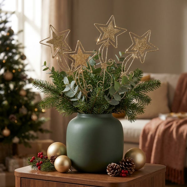 Weihnachtliche Tischdekoration mit einer Vase, gefüllt mit Tannen- und Eukalyptuszweigen sowie Stern-Steckern auf einem Holztisch.