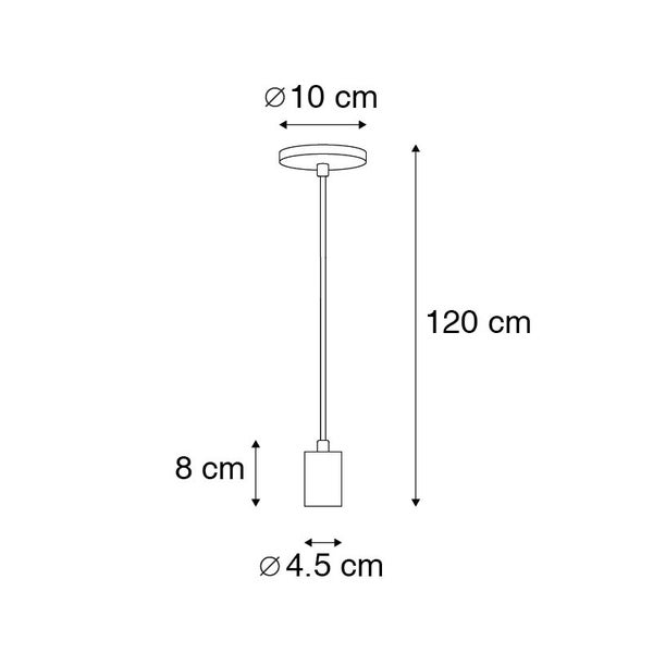 Technische Zeichnung einer Pendelleuchte mit den Maßen Durchmesser 10 cm, Länge 120 cm, Höhe 8 cm und Durchmesser 4,5 cm.