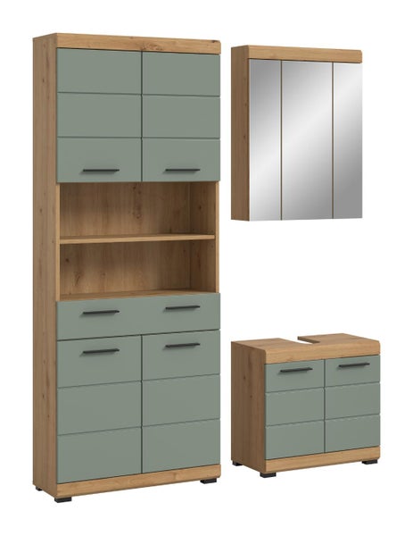 Badezimmermöbel-Set bestehend aus Hochschrank, Waschbeckenunterschrank und Spiegelschrank in Eiche-Optik und Salbeigrün mit schwarzen Griffen.