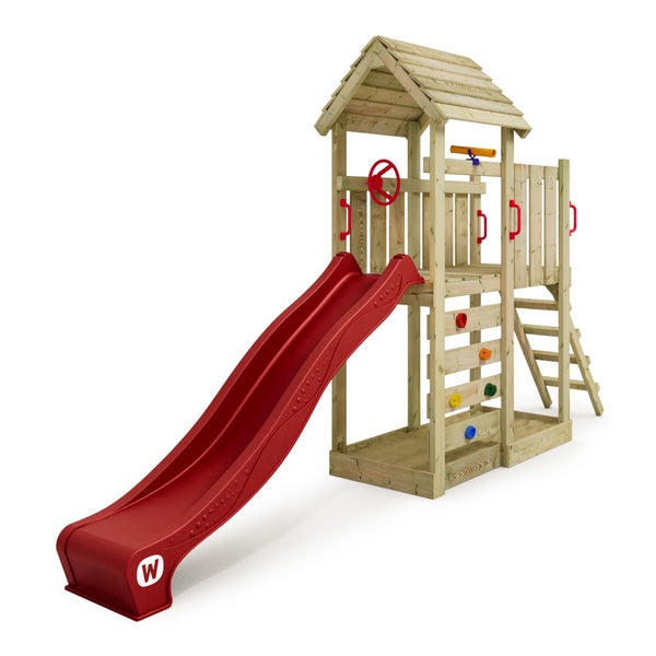 WICKEY Spielturm Klettergerüst JoyFlyer mit Rutsche, Kletterturm mit Sandkasten, Leiter und Spiel-Zubehör - rot