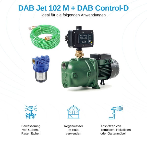 DAB Jet 102 M Hauswasserwerk mit DAB Control-D Druckschalter, Ansaugfilter und Schlauch für Gartenbewässerung und Regenwassernutzung