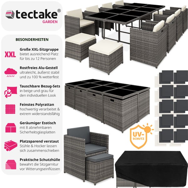 Rattan Sitzgruppe tectake New Orleans 2 Bezugssets, zusammenschiebbar, inklusive Schutzhülle mit Aluminiumgestell grau