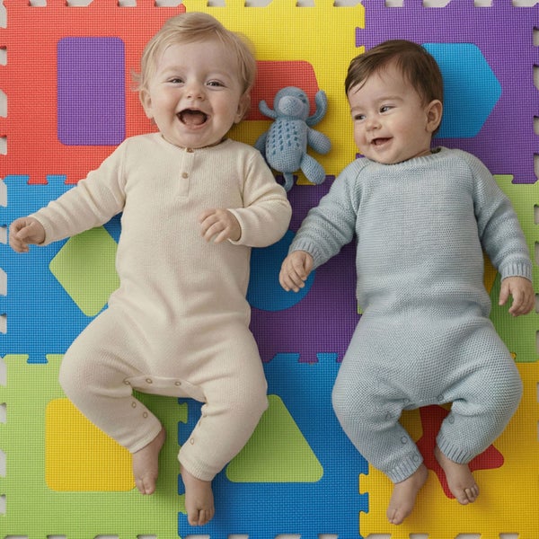 Zwei Babys liegen auf einer bunten Puzzlematte aus Schaumstoff mit verschiedenen geometrischen Formen.