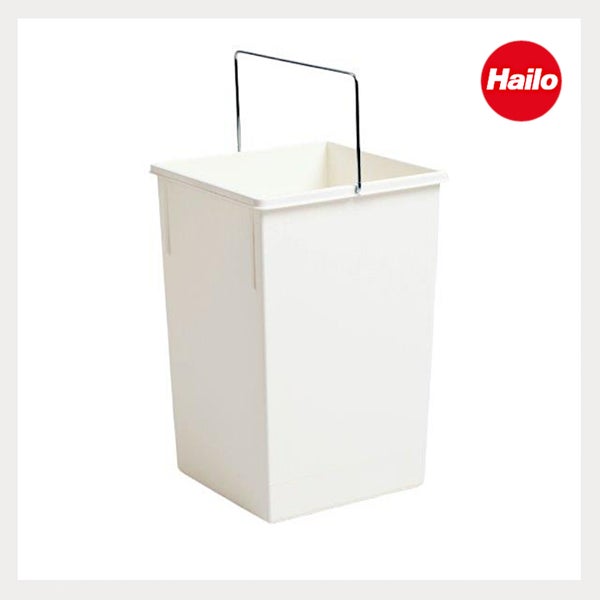 Hailo Mülleimer aus Kunststoff mit Metallbügel. Hailo Logo.