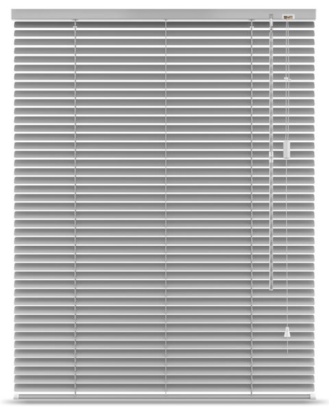 Graue Aluminium-Jalousie mit Wendestab und Zugschnur.