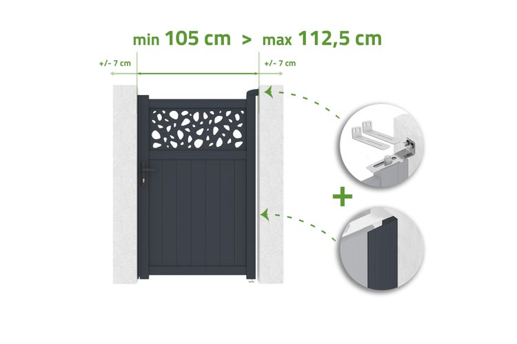Anthrazitfarbenes Gartentor mit verstellbarer Breite von 105 bis 112,5 Zentimeter, dekorativem Muster und verstellbaren Montagescharnieren.
