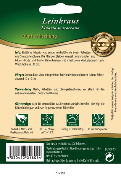 Rückseite einer Samentüte für Leinkraut Linaria maroccana Bunte Mischung mit Details zu Aussaat, Pflege, Blütezeit und Standort.