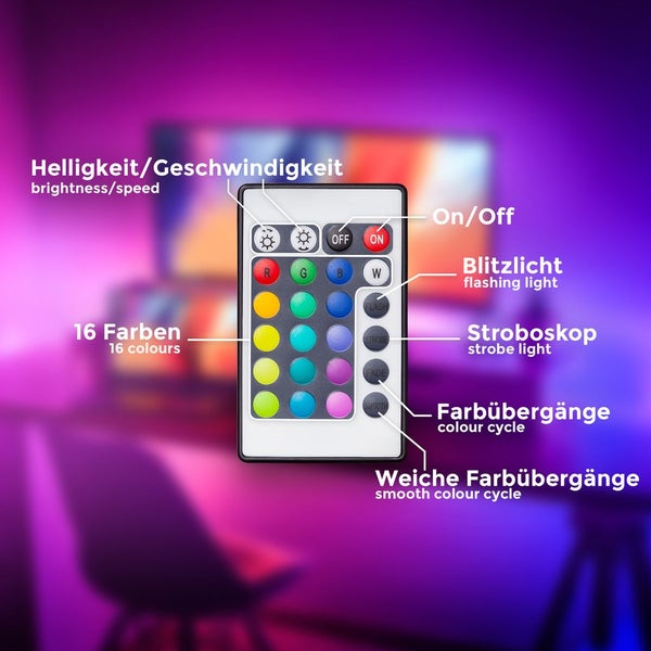 Fernbedienung für LED-Streifen mit Funktionen für Helligkeit, 16 Farben, Blitzlicht, Stroboskop und Farbübergänge.