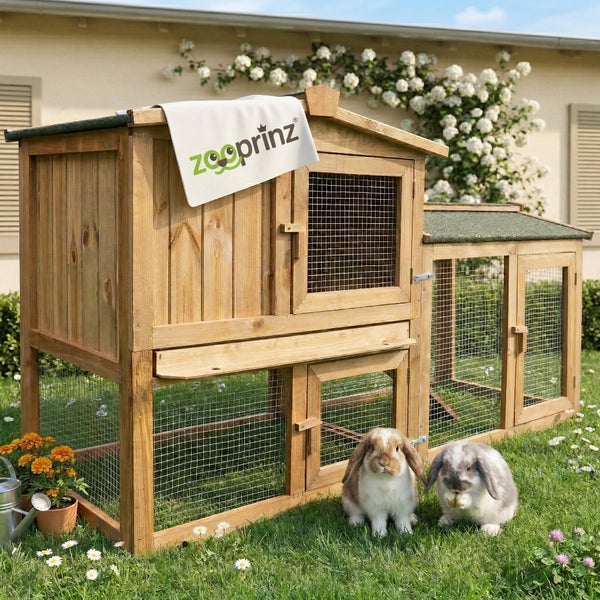 Zweistöckiger Kleintierstall aus Holz mit integriertem Freilaufgehege und zwei Kaninchen auf einer Rasenfläche.