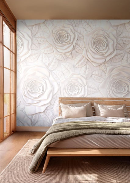 Schlafzimmer mit Rosen Fototapete und Holzbettdesign