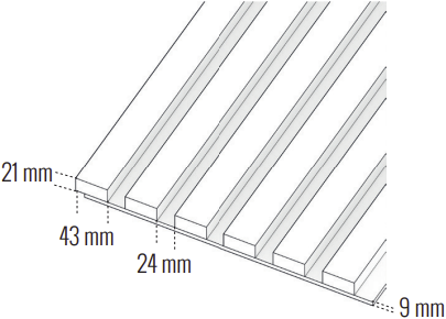 Diagramm eines Profilholzes mit den Maßen 21 mm, 43 mm, 24 mm und 9 mm