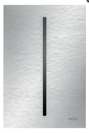 TECE Betätigungsplatte aus gebürstetem Edelstahl für die Toilettenspülung mit vertikaler Taste. TECE Logo.