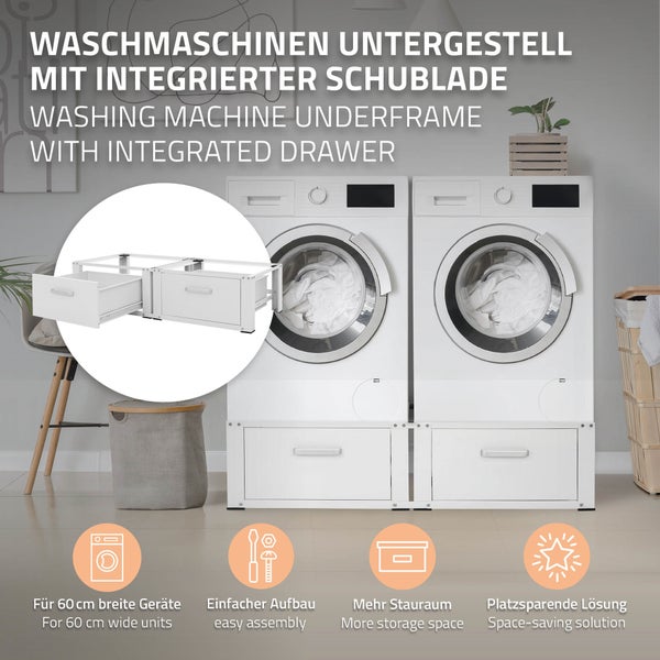 ML-Design Doppel Waschmaschinen Untergestell mit 2 Schubladen, Weiß, 128x53,5x31,5 cm, Waschmaschinen-Sockel 2-Fach 2x150 kg, Stahl, Doppeluntergestell Doppelpodest Sockel Erhöhung Trockner Unterbau