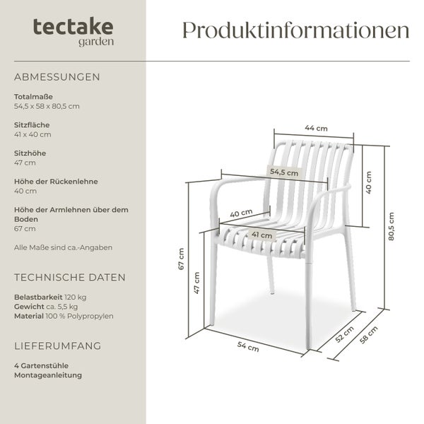 Gartenstühle tectake Alcudia 54,5 x 58 x 80,5 cm, Belastbarkeit 120 kg wetterfest und UV-beständig weiß