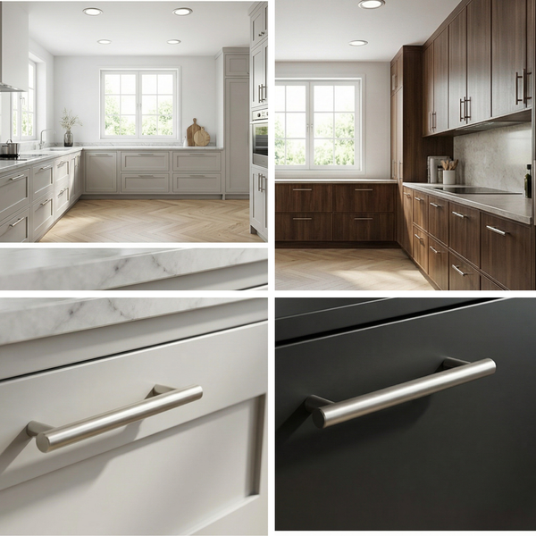 Collage von Küchen in verschiedenen Ausführungen mit Fokus auf Schubladenfronten und Griffen.
