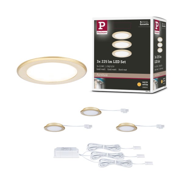 LED Möbeleinbauleuchten 3er-Set rund 65mm 3x2,5W 3x180lm 230/12V 3000K Gold matt