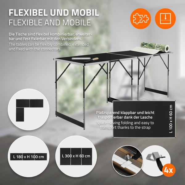 ECD Germany 3-teilig Tapeziertisch klappbar 100x60 cm, Schwarz, Alu Multifunktionstisch, höhenverstellbarer Mehrzwecktisch, Arbeitstisch bis 30 kg belastbar, Flohmarkttisch Campingtisch, mit Verbinder