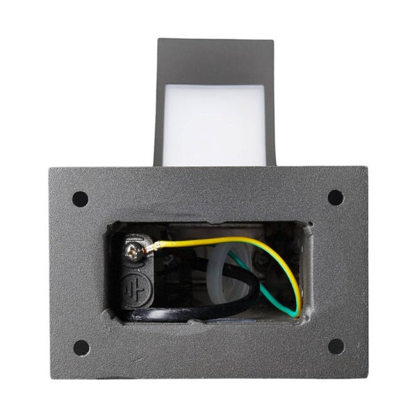 Rückansicht einer rechteckigen grauen Außenwandleuchte mit Montageplatte, Anschlussraum und Erdungsanschluss.