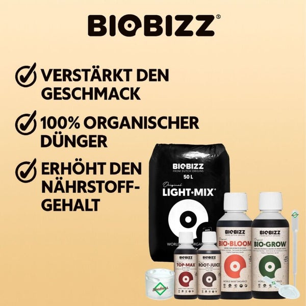 Biobizz Logo, Biobizz Set mit 100 Prozent organischem Dünger und Light-Mix Erde zur Geschmacksverbesserung und Erhöhung des Nährstoffgehalts.