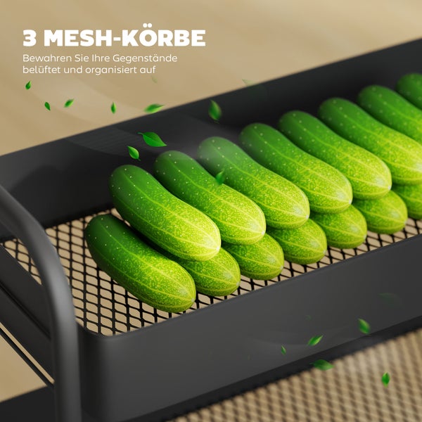 Schwarzer Mesh-Korb aus Metall gefüllt mit Gurken, zur belüfteten und organisierten Aufbewahrung.