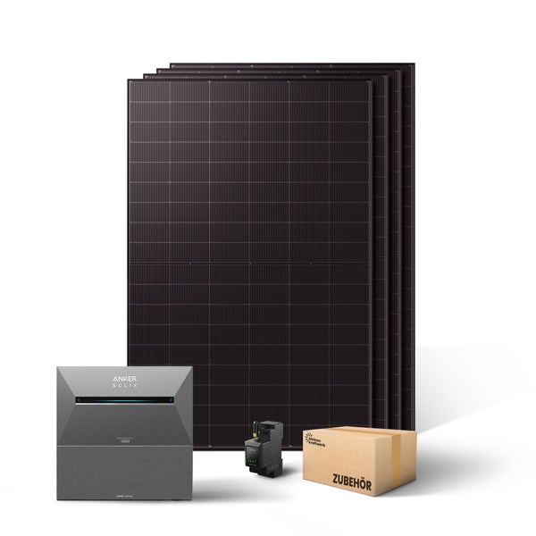Balkonkraftwerk Set mit vier Solarmodulen, Anker Solix Batteriespeicher, Mikrowechselrichter und Zubehörkarton.