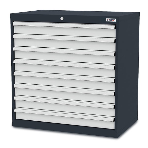 Werkzeugschrank aus Metall mit neun Schubladen, Zentralschloss und Werkzeug Store24 Logo.