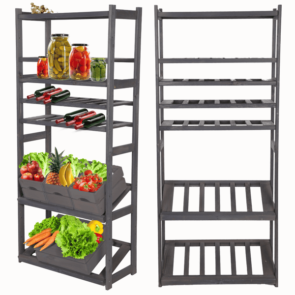 PROREGAL Getränkekisten- & Weinregal SPREEWALD HxBxT 163x70x33cm 18 Flaschen auf 3 Ebenen + 2 Ebenen für Kisten + 2 Ablagen Massives Kiefernholz Grau geölt