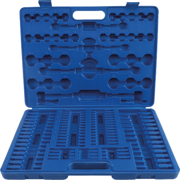 Blauer, leerer Werkzeugkoffer aus Kunststoff mit vorgeformten Fächern für Werkzeuge.