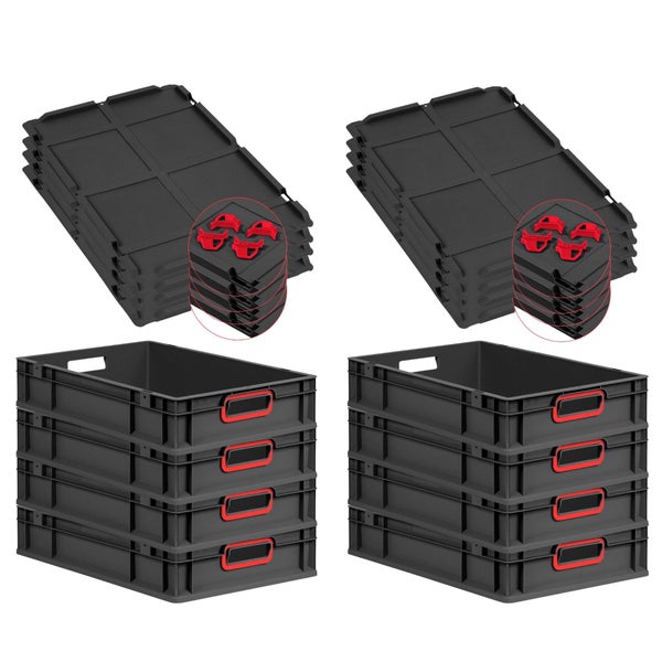PROREGAL SuperSparSet 8x Eurobox NextGen Color mit Auflagedeckel und Schiebeschnappverschlüsse, HxBxT 12x40x60cm, 23 Liter, Schwarz, Griffe rot offen, Eurobehälter, Transportbox, Transportbehälter, Stapelbehälter