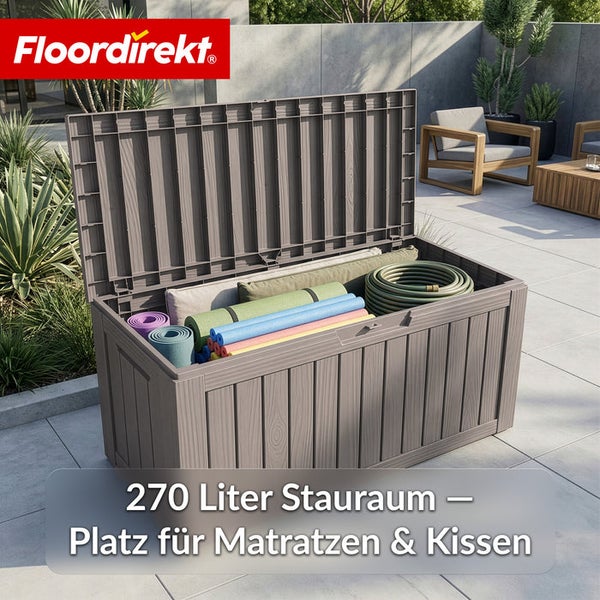 Geöffnete Aufbewahrungsbox mit 270 Liter Fassungsvermögen und Platz für Matratzen und Kissen