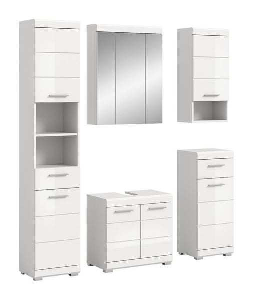 Mehrteiliges Badezimmermöbel-Set in Weiß Hochglanz mit Hochschrank, Spiegelschrank, Waschbeckenunterschrank und zwei Beistellschränken.
