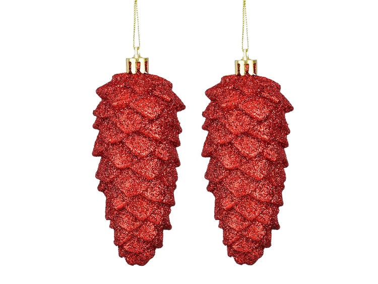 Zwei rote, glitzernde Tannenzapfen als Christbaumschmuck
