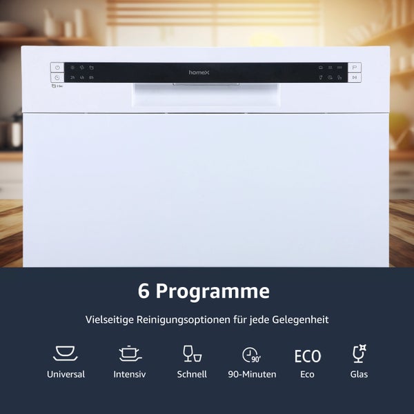 homeX Tischgeschirrspüler Mini Geschirrspüler 6 Programme Spülmaschine klein 6 Maßgedecke Aquastop GST6AE-W