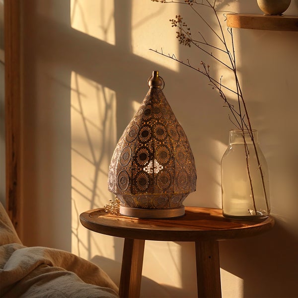 Dekorative Tischleuchte mit orientalischem Muster auf kleinem Holztisch