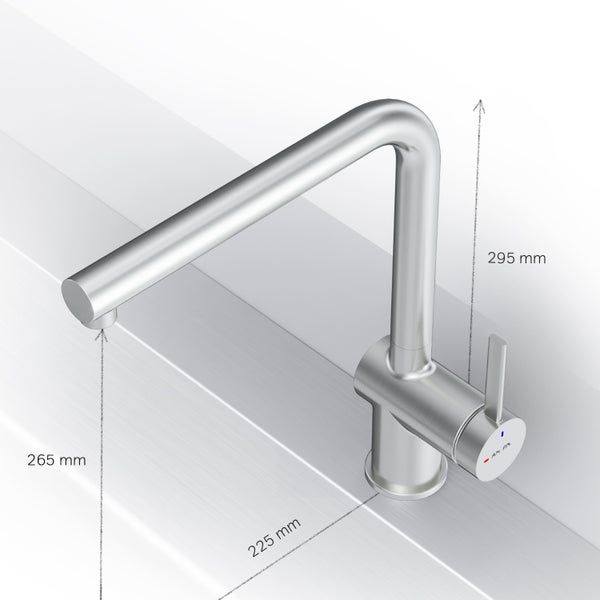 Küchenarmatur mit Abmessungen: 265 mm Höhe, 295 mm Auslaufhöhe und 225 mm Ausladung.