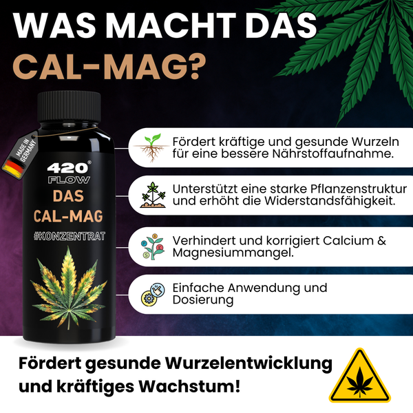Infografik zum 420 FLOW Cal Mag Pflanzen Konzentrat mit Produktvorteilen und Anwendungshinweisen zur Förderung von gesundem Pflanzenwachstum.