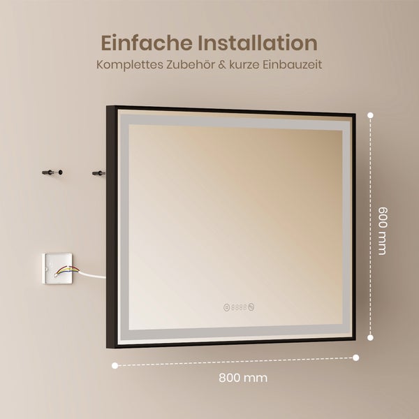 EMKE LED Badspiegel mit Beleuchtung 800×600 mm, Mattierter Spiegelrand, 4300K Neutrallicht, Antibeschlag & Uhr, Schwarzer Rahmen, für Badezimmer geeignet