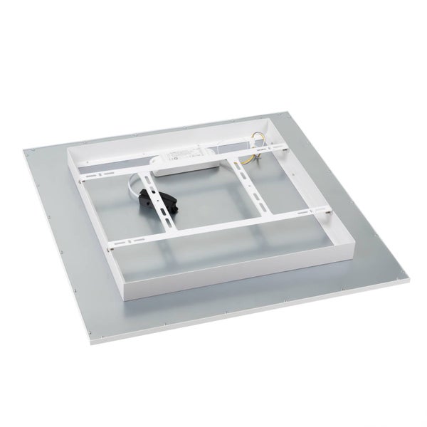 Rückansicht eines quadratischen LED-Panels mit Metallrahmen, Montageschiene und LED-Treiber für die Deckenmontage.