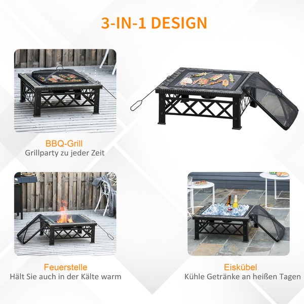 Outsunny 3-in-1 Feuerschale Feuerkorb Feuerstelle mit Funkenschutz Grillrost Eiskübel Garten BBQ Schwarz 76cm x 76cm x 47cm