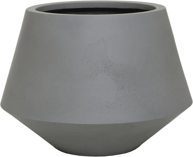 Moderner grauer konischer Blumentopf aus Fiberclay mit strukturierter Oberfläche.