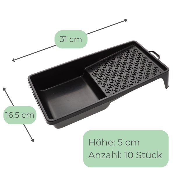 Schwarze Farbwanne aus Kunststoff, 31 Zentimeter lang, 16,5 Zentimeter breit, 5 Zentimeter hoch, Set mit 10 Stück.