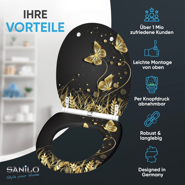Sanilo WC Sitz mit Schmetterlingsmotiv und goldfarbenen Verzierungen inklusive Montagevorteilen und Produktmerkmalen