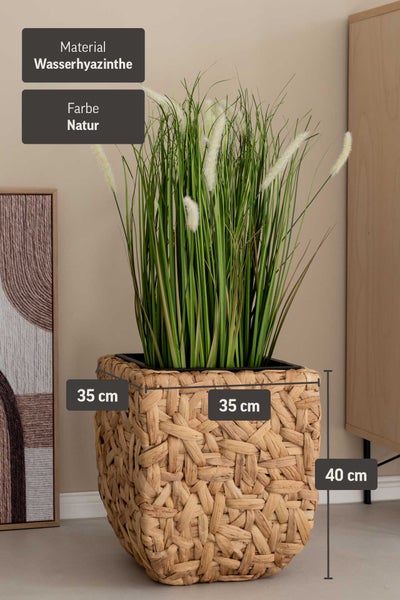 Quadratischer Pflanztopf aus geflochtener Wasserhyazinthe in Natur, 35 Zentimeter breit, 35 Zentimeter tief und 40 Zentimeter hoch.