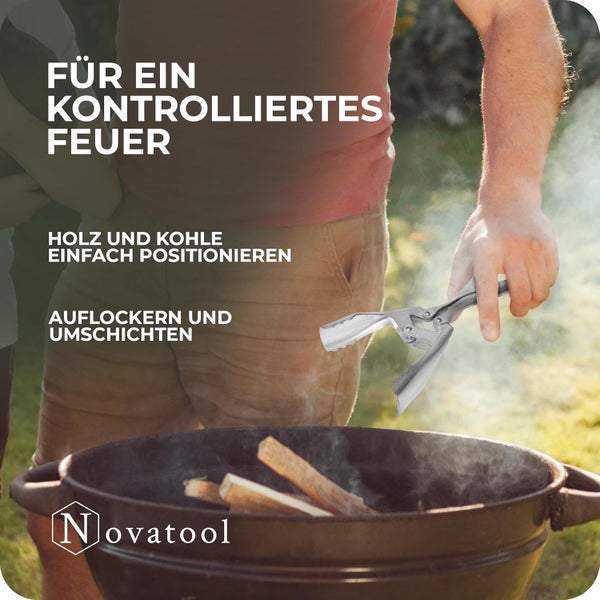 Novatool Kaminzange zum Positionieren und Umschichten von Holz und Kohle in einer Feuerschale für ein kontrolliertes Feuer. Novatool Logo.