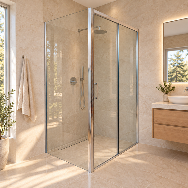 Moderne Eckdusche mit Echtglas und Metallprofilen in einem hellen, gefliesten Badezimmer mit Waschtisch und großem Spiegel.