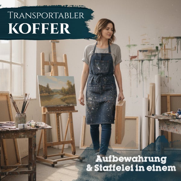 Eine Künstlerin in einer Werkstatt hält einen transportablen Malkoffer, der gleichzeitig als Staffelei dient.