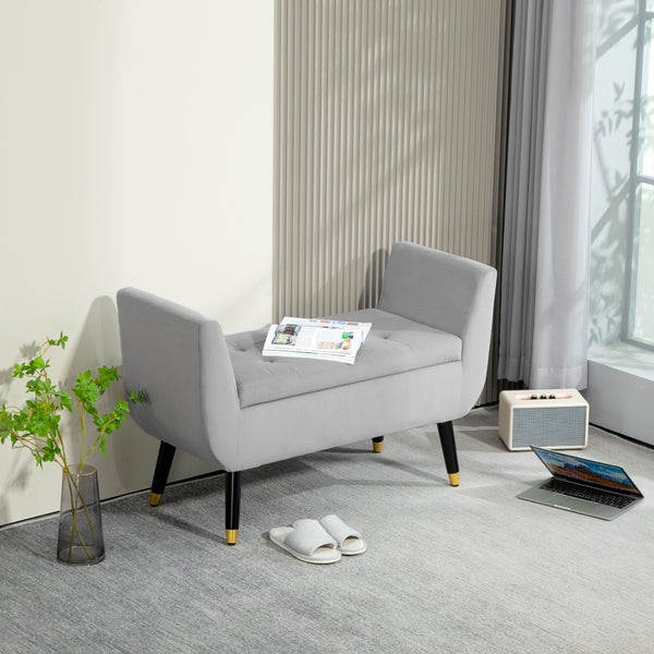 HOMCOM Sitzbank mit Stauraum Armlehnen Polsterbank mit Samtoptik, Sitztruhe mit Holzbeine, Truhenbank für Wohnzimmer Schlafzimmer Flur 107 x 42 x 65 cm, Hellgrau