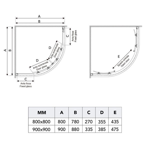 Technische Zeichnung einer Duschkabine mit Maßangaben