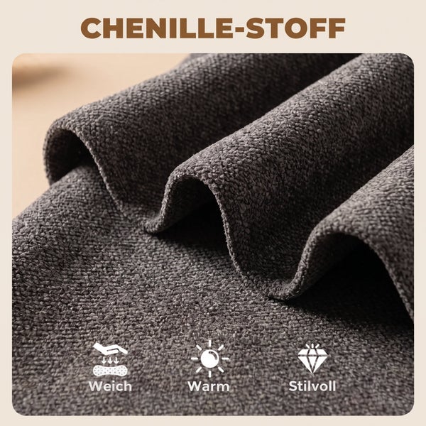 Stoffmuster aus weichem und warmem Chenille Material mit strukturierter Oberfläche und stilisierter Darstellung von Eigenschaften.