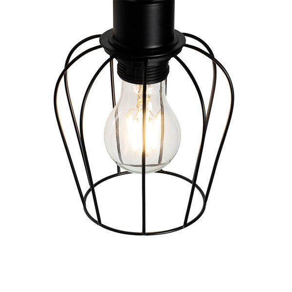 Hängelampe mit schwarzem Drahtkäfig und Glühbirne